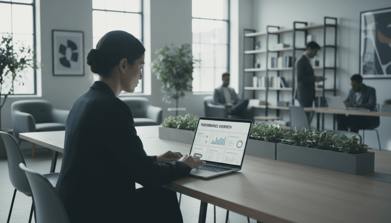 Professional reviewing automation dashboard on laptop
